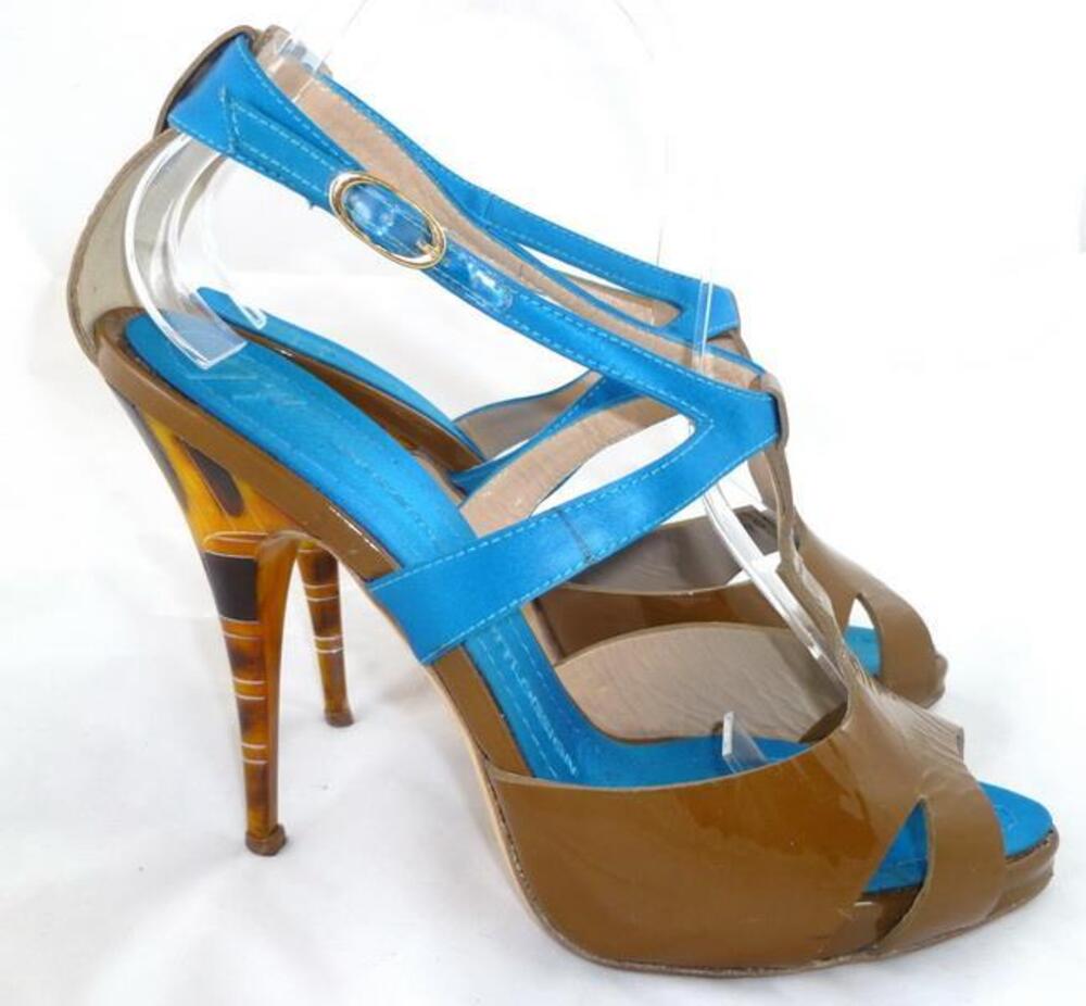 GIUSEPPE ZANOTTI 38 T-STRAP OLIVE/TURQUOISE SATIN TORTOISE HEELS/STILETTO VTG